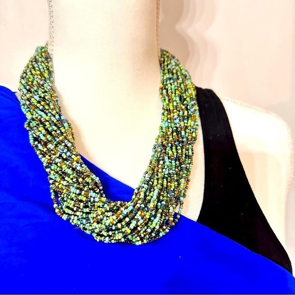 Glass seed-bead multi strand necklace in blue, green bronze lobster clasp 5309 L - Picture 5 of 16
